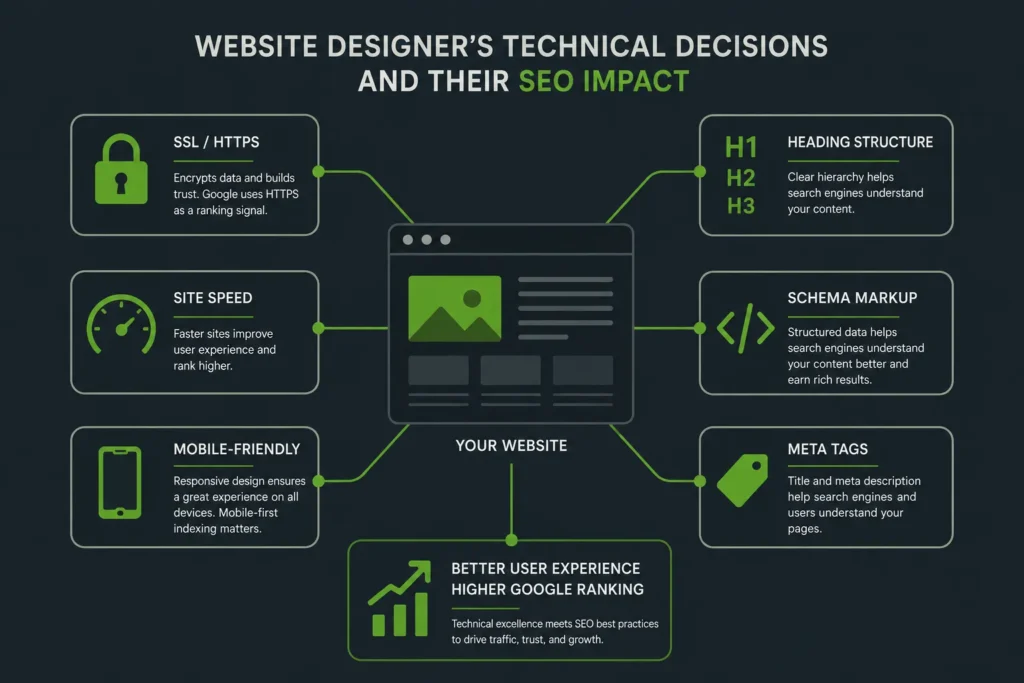 The Role of a Website Designer in Modern Business Success 2 Website designer technical decisions that affect Google ranking including SSL speed schema and SEO structure