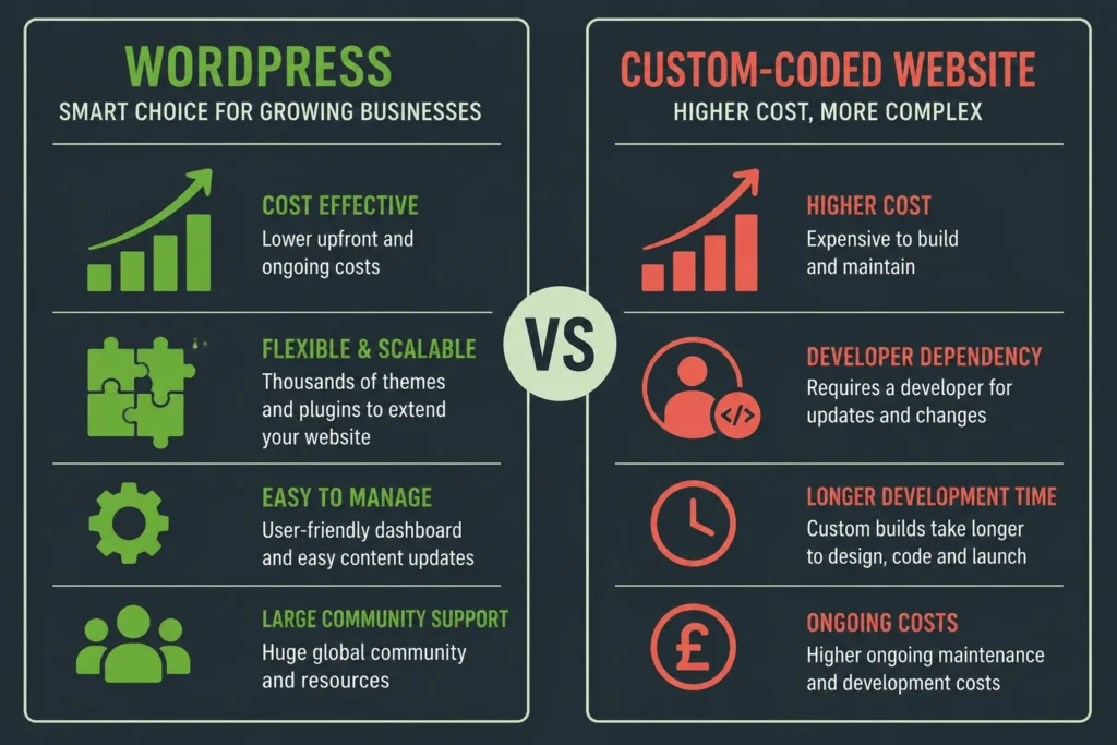 Web Design UK Experts: How to Choose the Right Company 2 WordPress versus custom build web design UK comparison for small businesses showing cost and flexibility differences