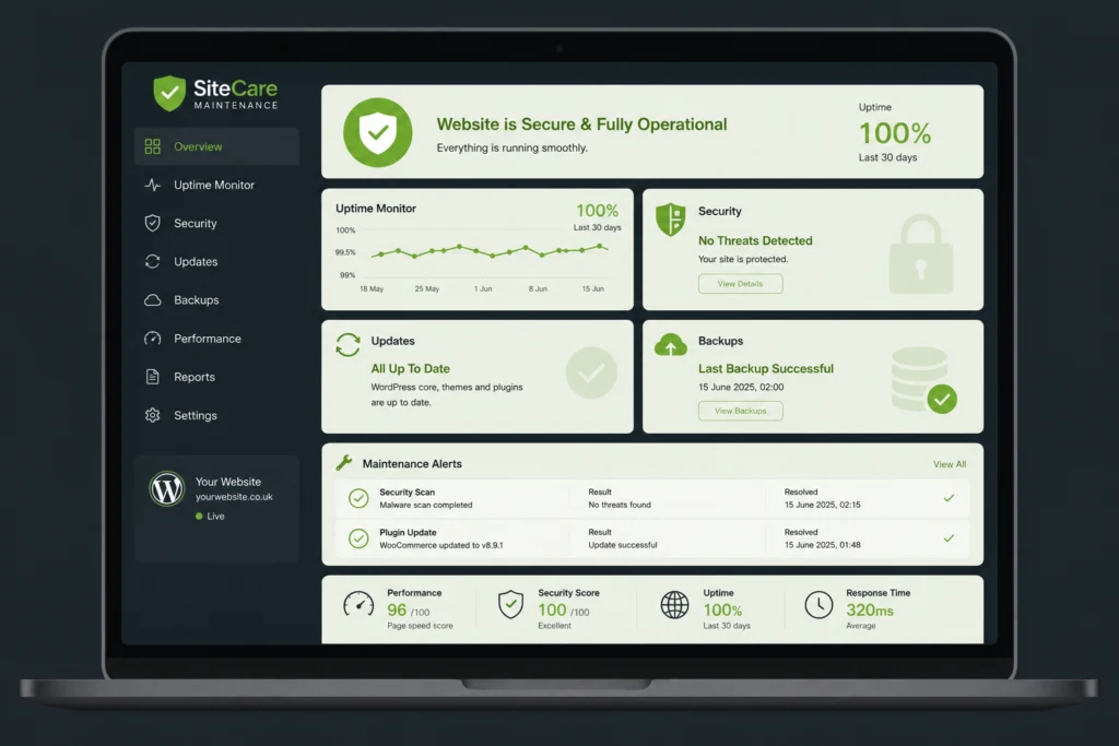 Professional Web Design UK: What to Look For in 2026 1 WordPress website maintenance services UK dashboard showing security and performance monitoring