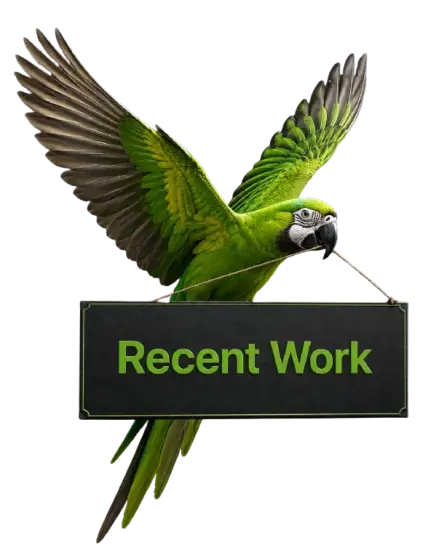 Cheap Website Designer mascot holding a Recent Work banner, showcasing affordable web page designs