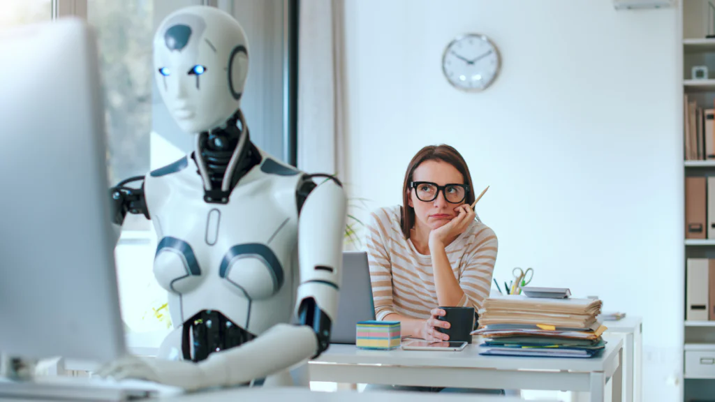 AI writing assistant helping with content creation while a professional works in a modern office, featured in a web design case study designed by Cheap Website Designer.