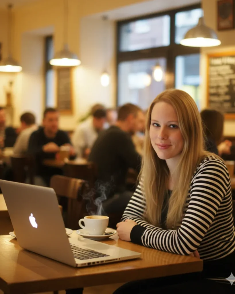 Professional freelancer working on a laptop in a modern coffee shop with a cup of coffee, featured in a web design case study designed by Cheap Website Designer.