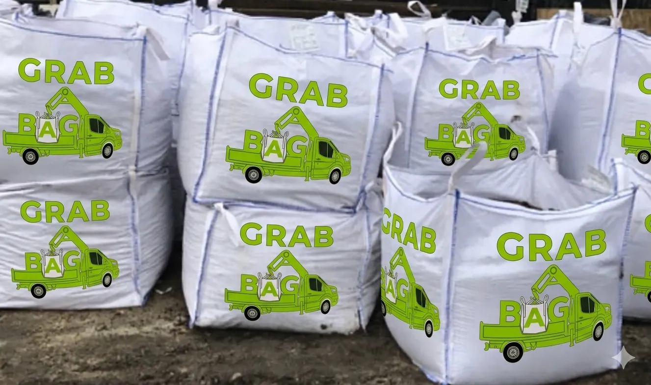Large grab bags for waste collection and construction debris removal services, featured in a web design case study designed by Cheap Website Designer.