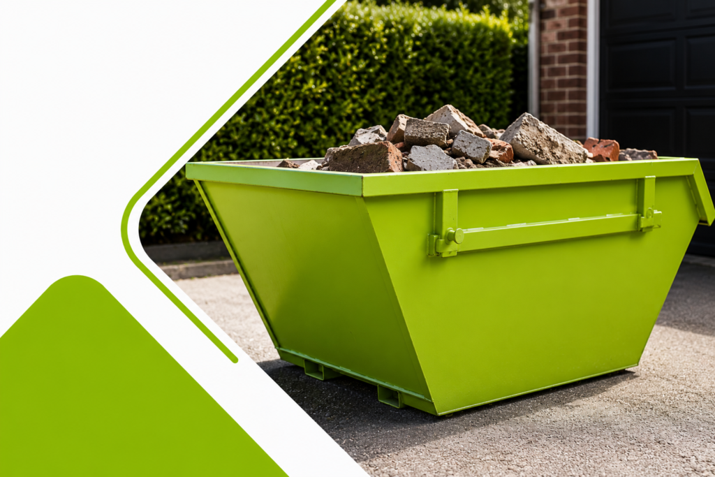 Green skip hire container filled with construction rubble for residential waste removal services, featured in a web design case study designed by Cheap Website Designer.