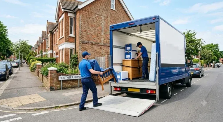 House moving service with professional movers loading furniture into a removal truck, featured in a web design case study by Cheap Website Designer.