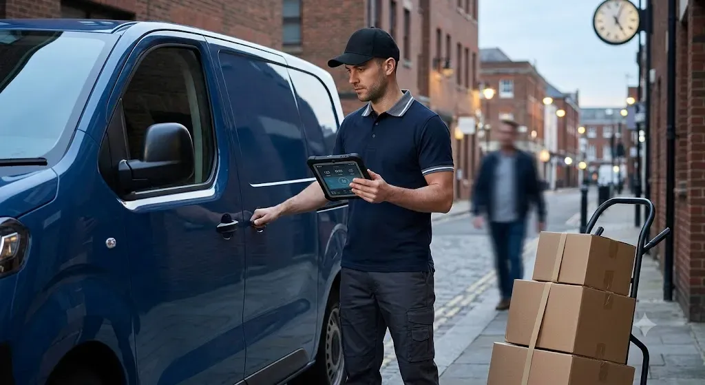 Professional delivery driver loading parcels into a delivery van featured in a logistics website design case study by Cheap Website Designer.
