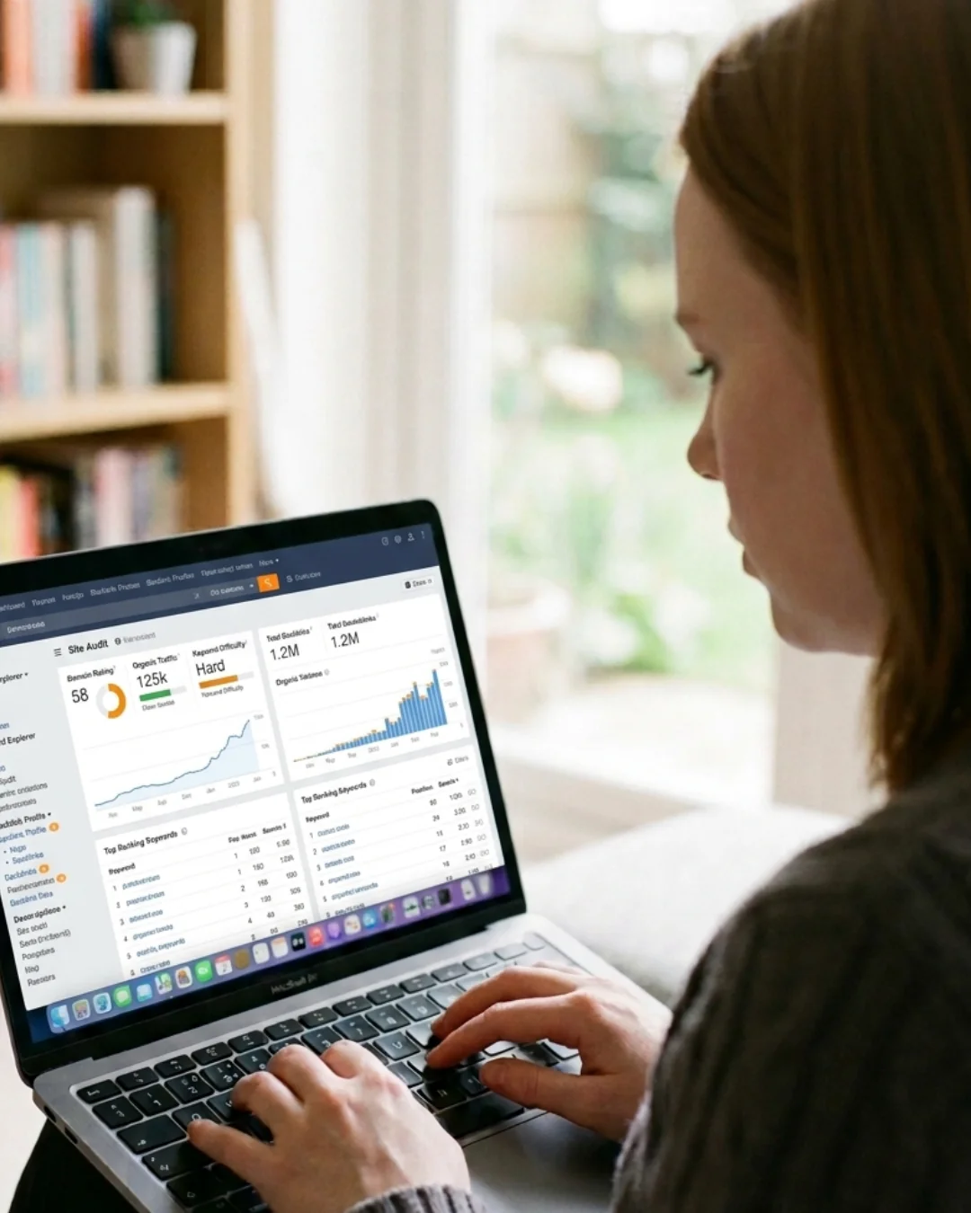 Professional performing an SEO website audit and analyzing search performance on a laptop, featured in a web design case study designed by Cheap Website Designer.