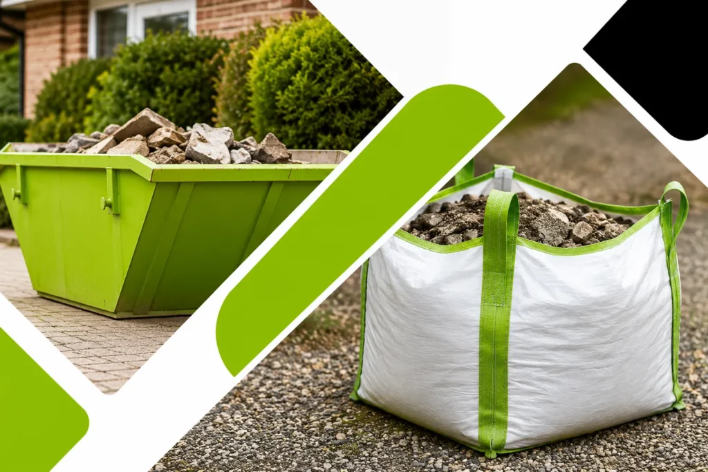 Skip hire container and grab bag filled with construction waste for efficient waste removal services, featured in a web design case study designed by Cheap Website Designer.