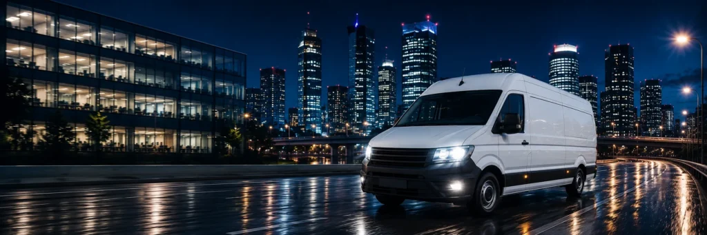 White delivery van driving through a modern city at night for professional logistics, courier, and transport services, featured in a web design case study designed by Cheap Website Designer.
