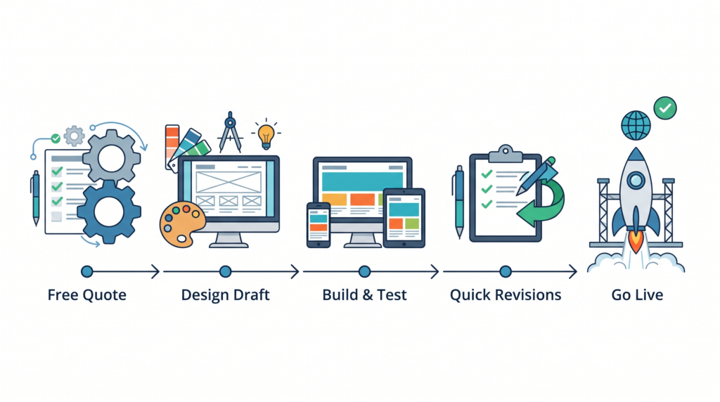 A flat vector infographic on a white background detailing a five-step web design process with modern icons connected by a horizontal progress line by Cheap web design in liverpool