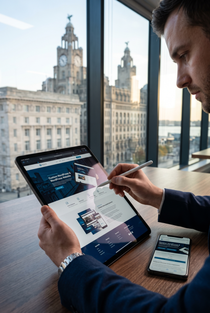 Cheap Web Design Liverpool 3 A web designer offering cheap website design in Liverpool creates an affordable, custom site on a tablet from an office with views of Liverpool landmarks.