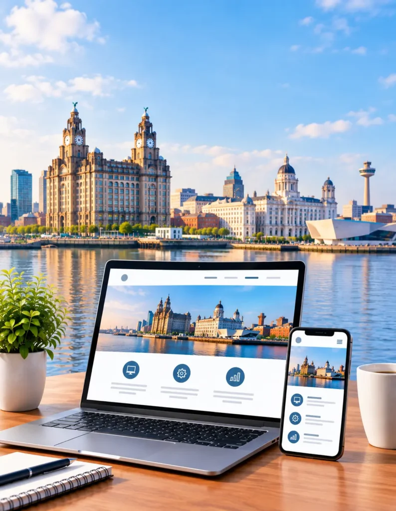 Cheap Web Design Liverpool 2 Cheap web design services for small businesses in Liverpool, featuring a modern website on laptop and mobile devices