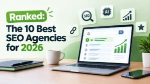 Top 10 best SEO agencies for 2026 with SEO rankings and AI search optimization on a laptop