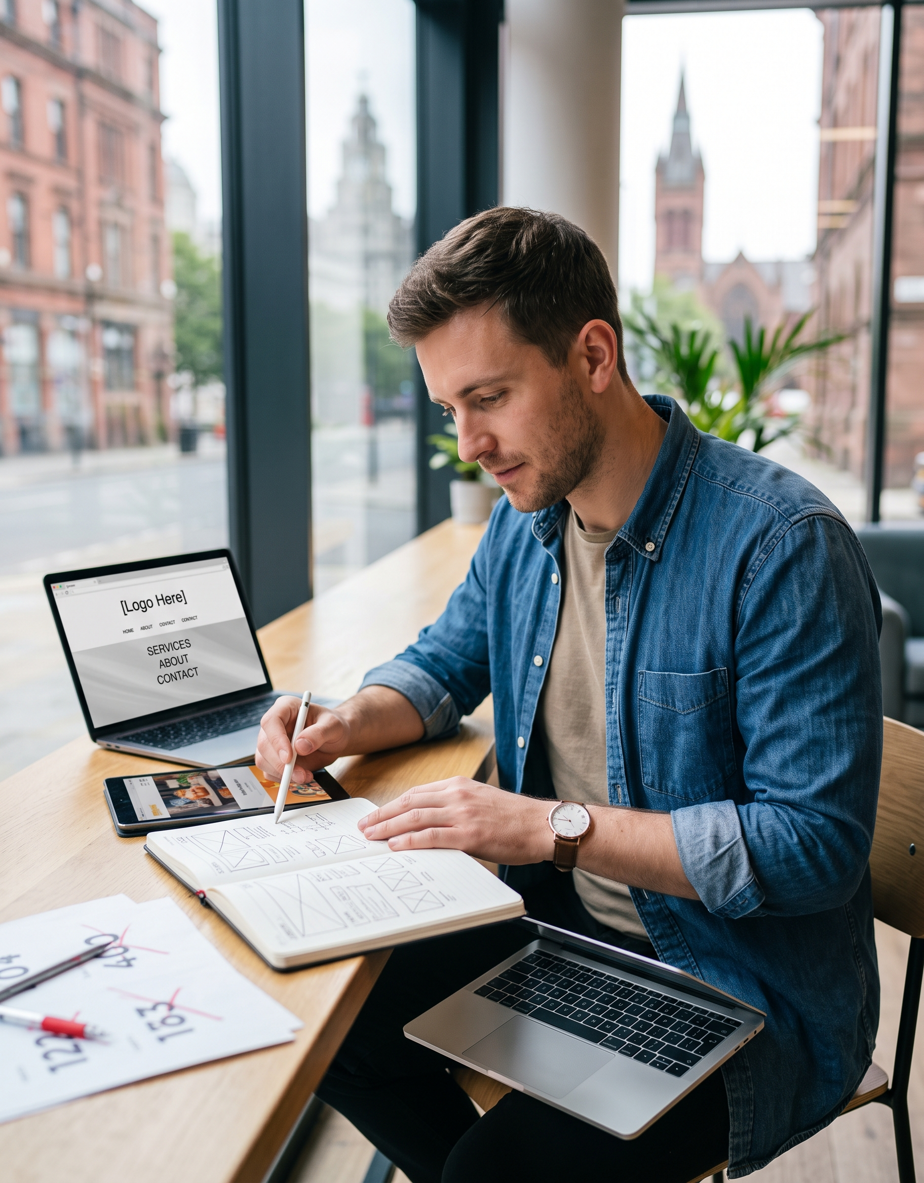 Cheap Web Design Liverpool 1 Web designer building an affordable, custom site on a tablet in an office overlooking Liverpool landmarks, offering cheap website design in Liverpool.