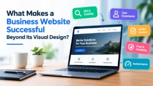 Business website success factors including SEO, user experience, useful content, trust, and website performance.
