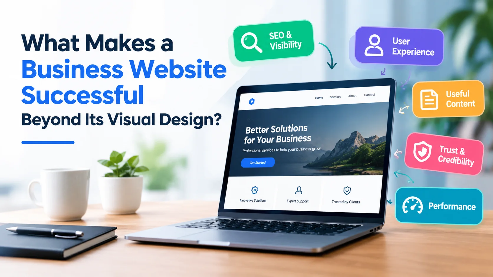 Business website success factors including SEO, user experience, useful content, trust, and website performance.