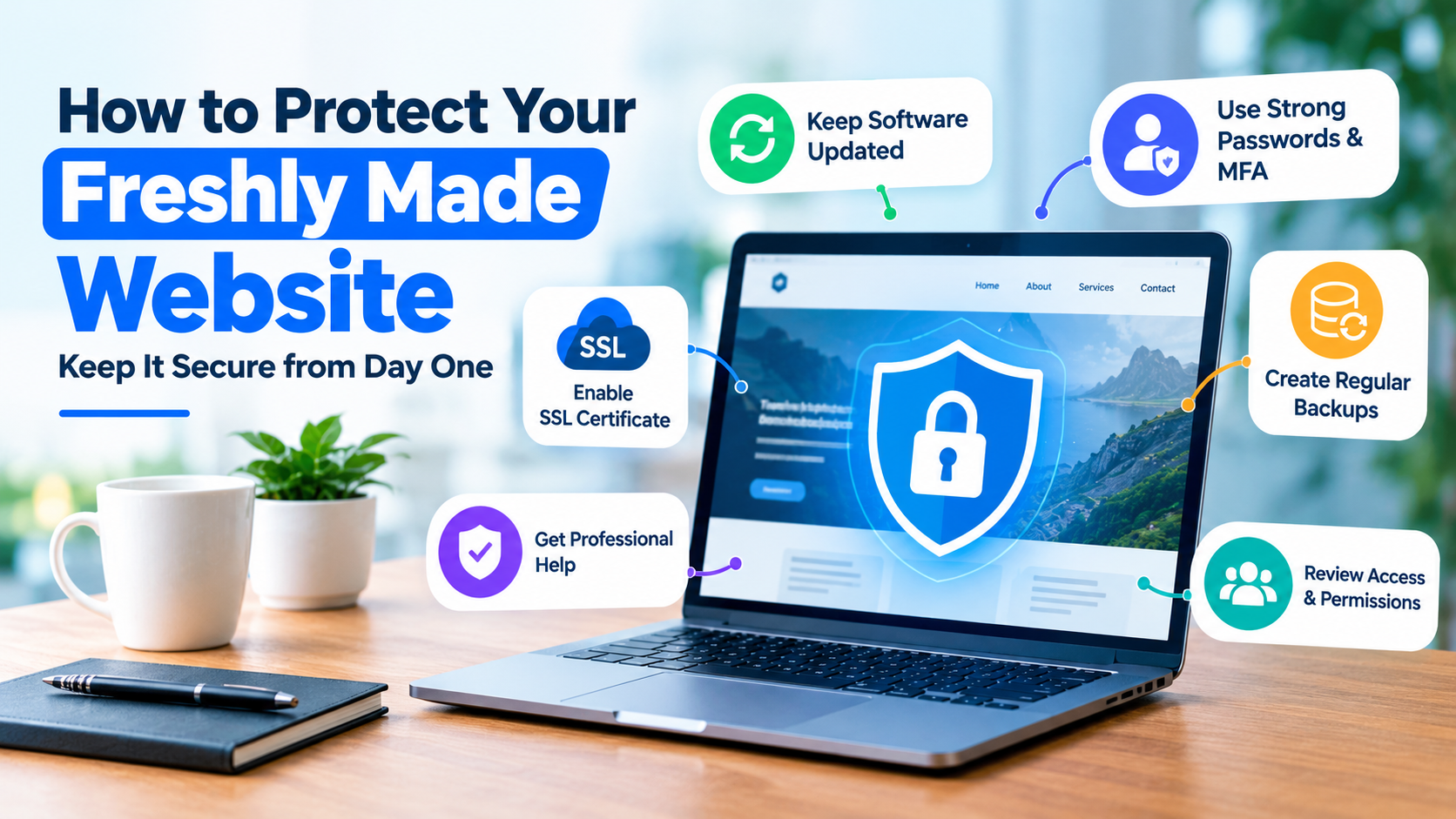 How to protect a new website with security updates, strong passwords, SSL certificates, regular backups and access controls.