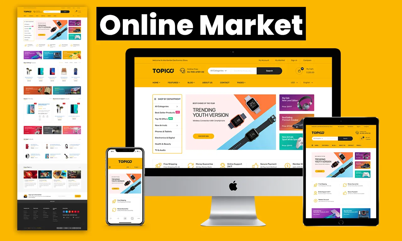 Online market interface showcasing a Shopify theme with product listings and a user-friendly layout.