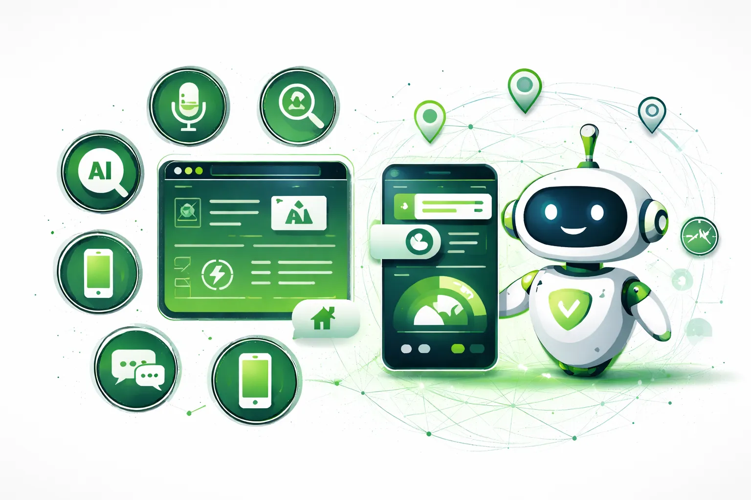 Illustration showing AEO AI-friendly website design and digital interfaces for Cheap Website Designer highlighting affordable web design, low cost web design, and cheap web design services with futuristic elements, chatbots, and mobile optimization for smart user experience