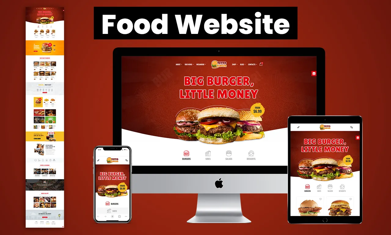 Food website design displayed on multiple devices, including a laptop, tablet, and smartphone, showcasing responsive layout.